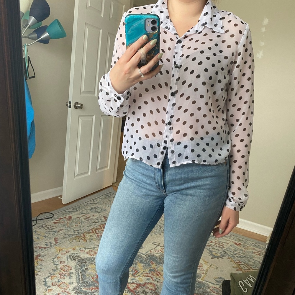 Black and white polka dot button up